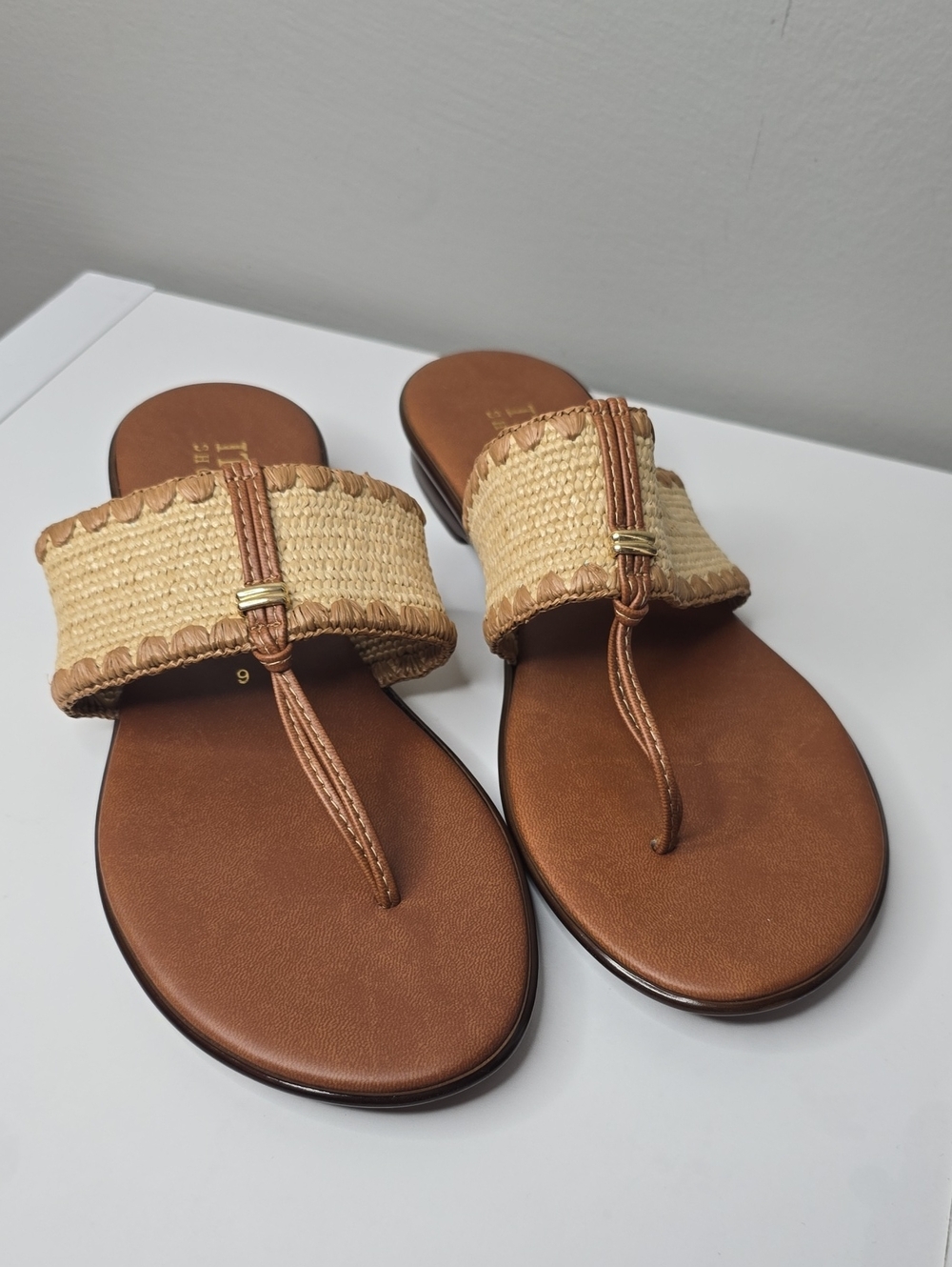 Italian Shoemakers Tan Raffia Thong Sandals with Brown Trim